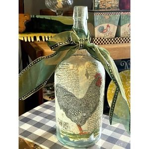 Vintage Decoupage Rooster Bottle Jug Folk Art Country Farmhouse Shabby Decor